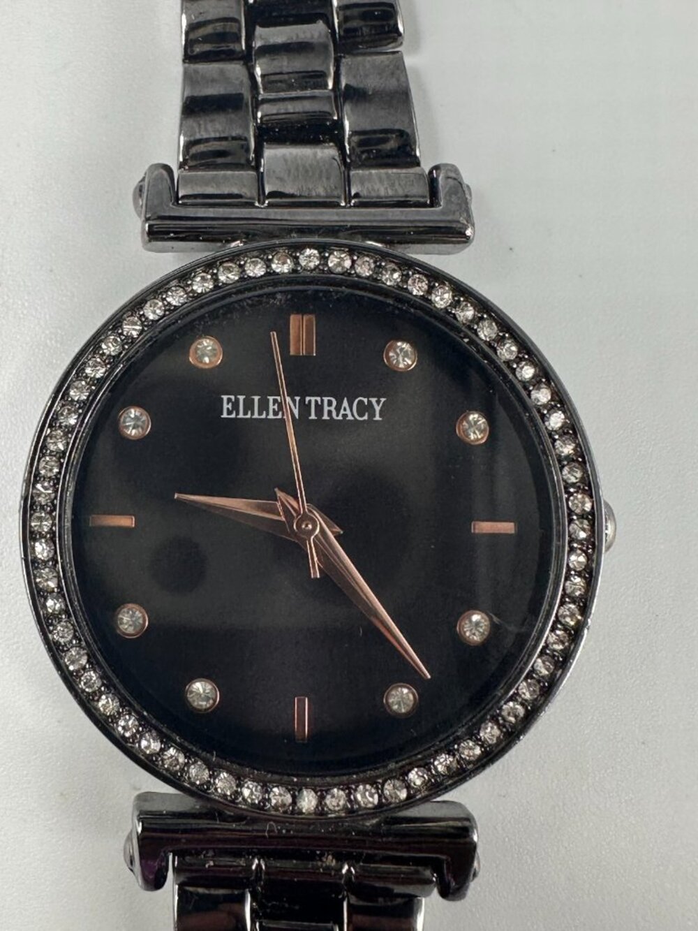 3/$30 Ellen Tracy Watch Women Black Round Dial Crystal Bezel New Battery 7.75"